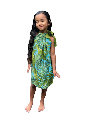 Coradorables GIRLS Monstera 21 Turquoise Signature Ribbon Dress