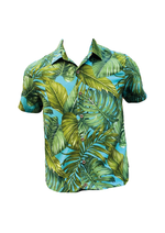 Cora Spearman Hawaii MENS Monstera 21 Turquoise S/S "Kalani" Aloha Shirt I