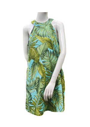 Cora Spearman Hawaii WOMENS Monstera 21 Turquoise Halter Neck Sheath Dress