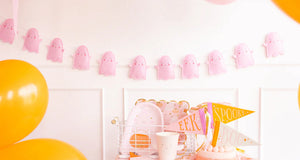 A LITTLE GHOUL PUFFY PINK FELT GHOST BANNER