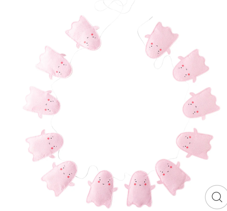 A LITTLE GHOUL PUFFY PINK FELT GHOST BANNER