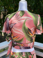 womans, hawaiian, wrap top, flutter sleeve, birds of paradise, mauve, Coradorables, modern aloha, aloha wear, resort wear, family matching