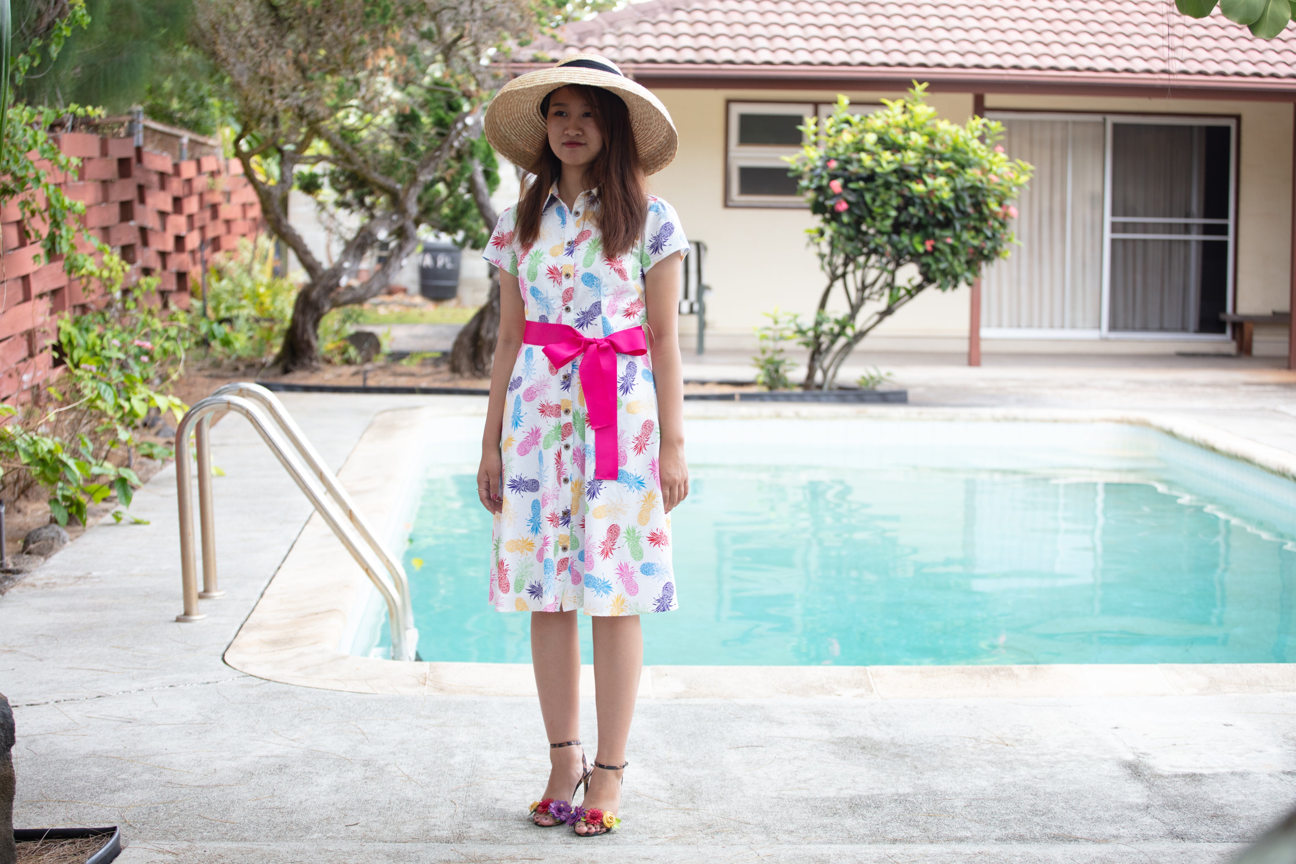 womens cotton hawaiian shirt dress, rainbow pineapple print, grosgrain ribbon tie, flared skirt, slim fit, size up recommended, short sleeves, pride, Coradorables, aloha shirt, aloha wear, resort wear, family matching