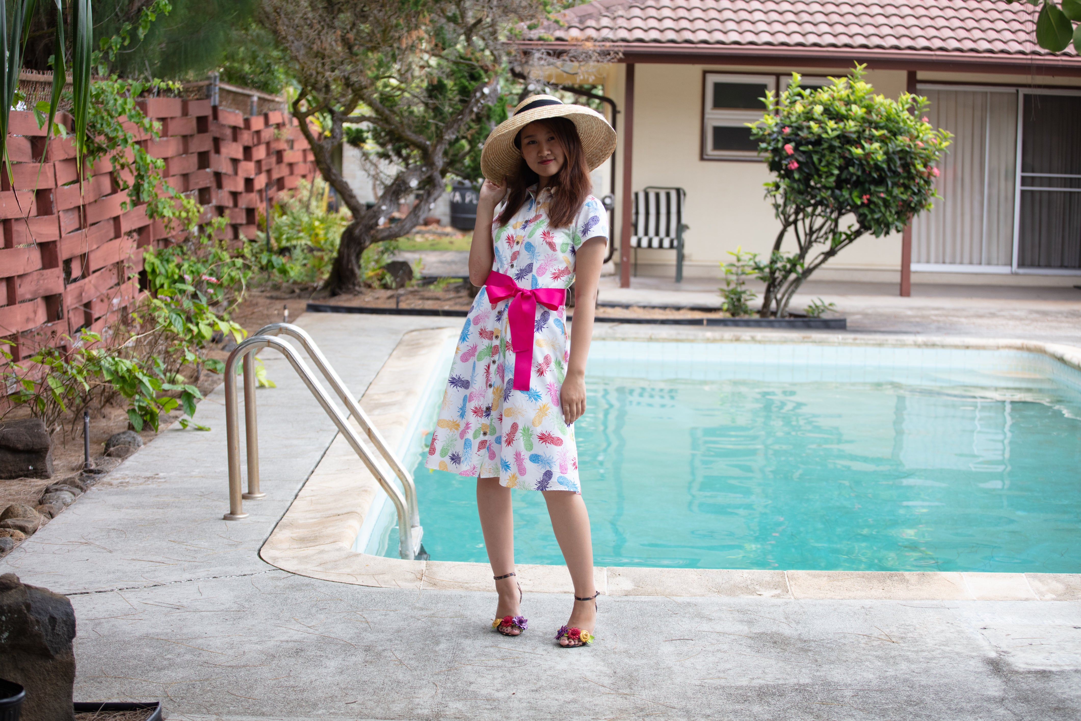 womens cotton hawaiian shirt dress, rainbow pineapple print, grosgrain ribbon tie, flared skirt, slim fit, size up recommended, short sleeves, pride, Coradorables, aloha shirt, aloha wear, resort wear, family matching