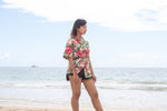 womens, cinch waist top, fabric belted, hawaiian print, royal hawaiian, pink, aloha wear, resort wear, family matching