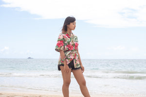 womens, cinch waist top, fabric belted, hawaiian print, royal hawaiian, pink, aloha wear, resort wear, family matching