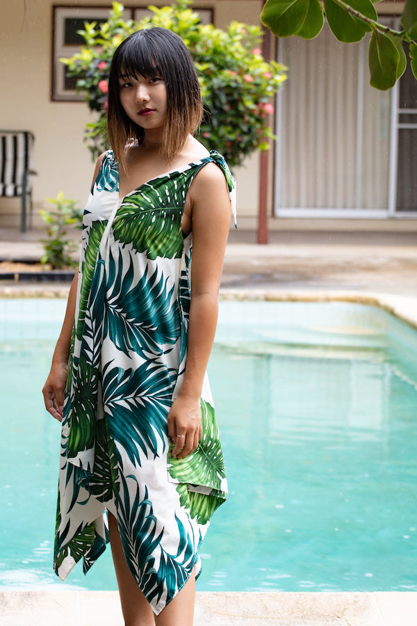 womens cotton hawaiian dress, handerchief, monstera print, green white, adjustable shoulder ties, chic, plunging neckline, aloha wear, resort wear, Coradorables