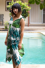 womens cotton hawaiian dress, handerchief, monstera print, green white, adjustable shoulder ties, chic, plunging neckline, aloha wear, resort wear, Coradorables