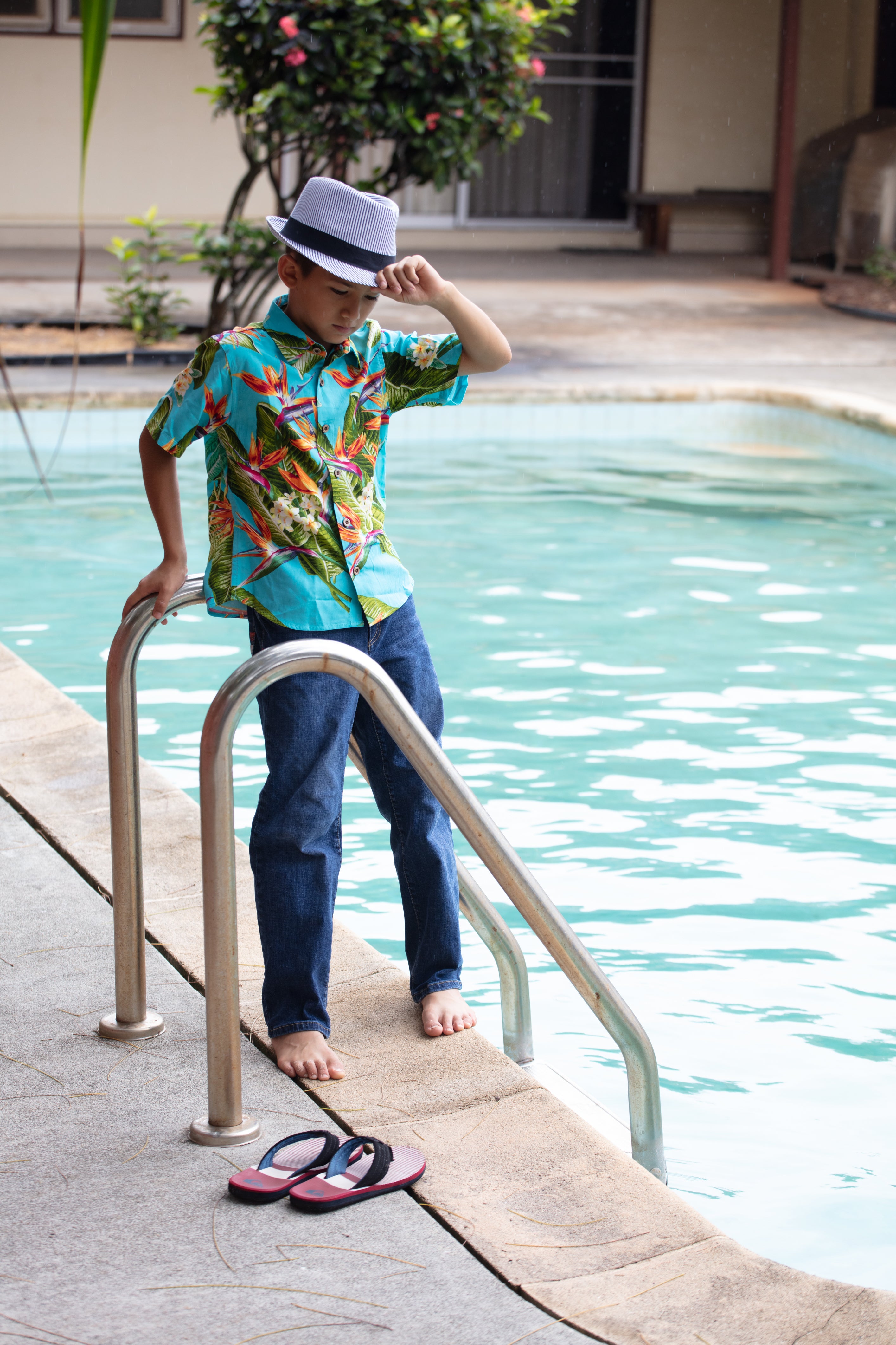 boys hawaiian shirt, birds of paradise, turquoise, rayon cotton, slim cut fit, size up recommended, aloha shirt, unisex, Coradorables, aloha wear, resort wear, family matching  