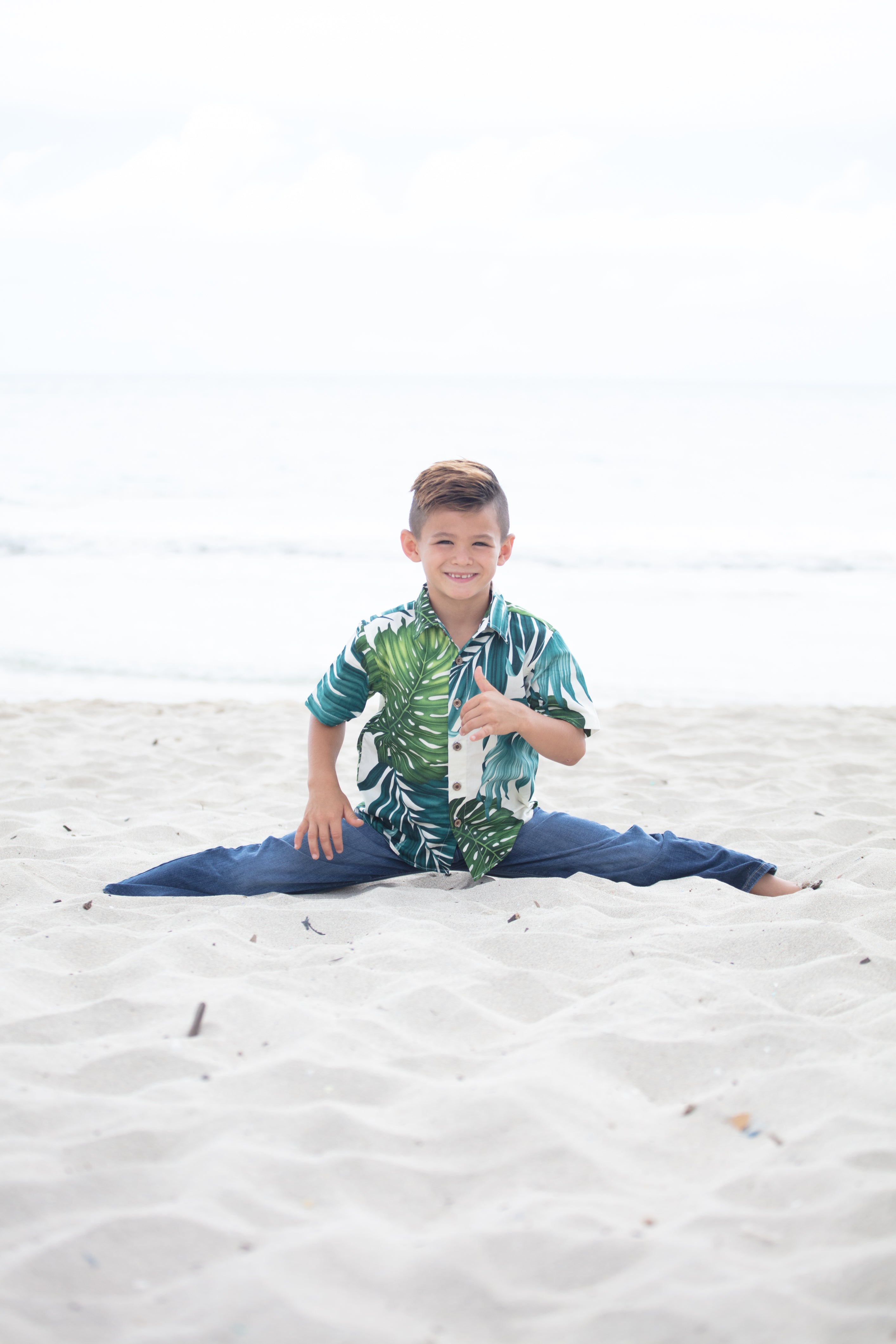 boys monstera print cotton hawaiian shirt, aloha shirt, green white, tropical, resort wear, 