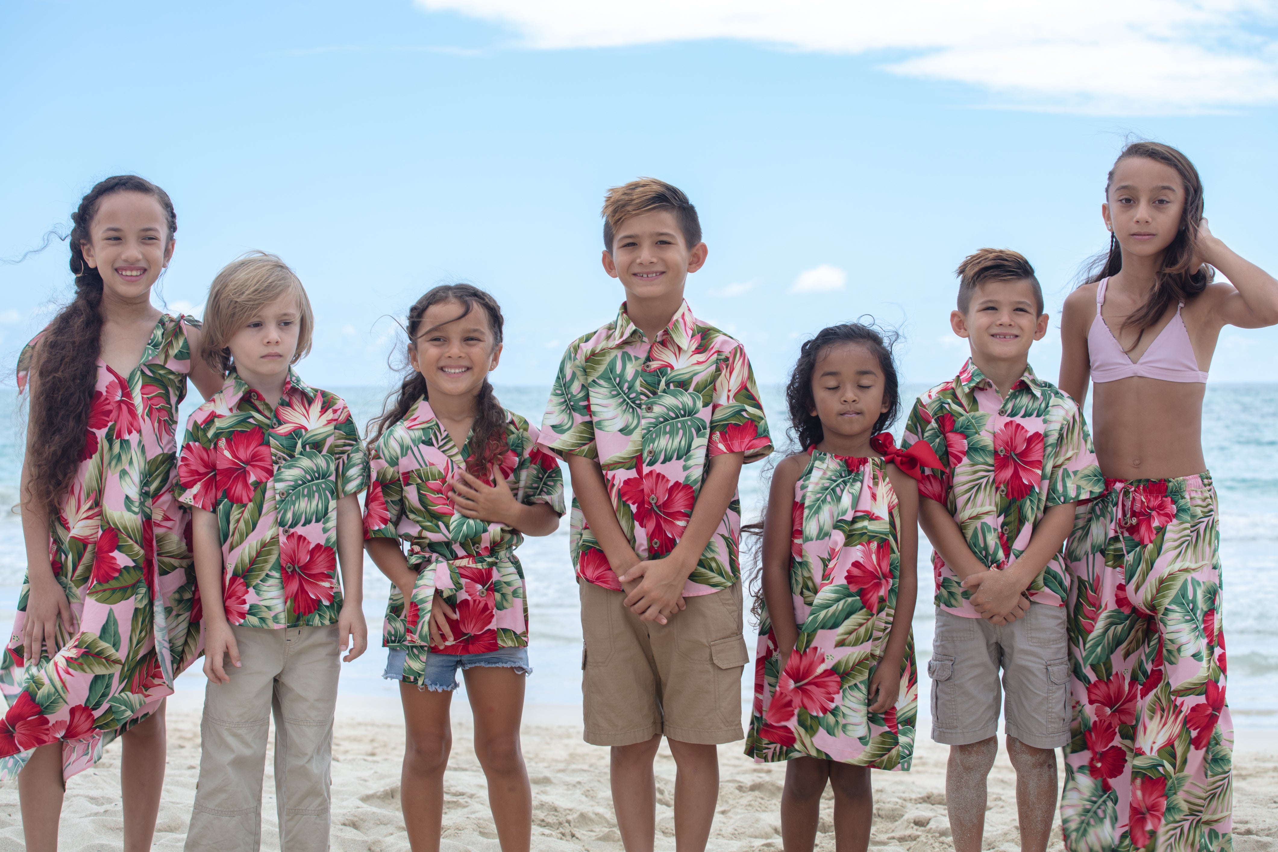 boys hawaiian shirt, royal hawaiian, pink, poly cotton, slim cut fit, size up recommended, aloha shirt, Coradorables, aloha wear, resort wear, family matching