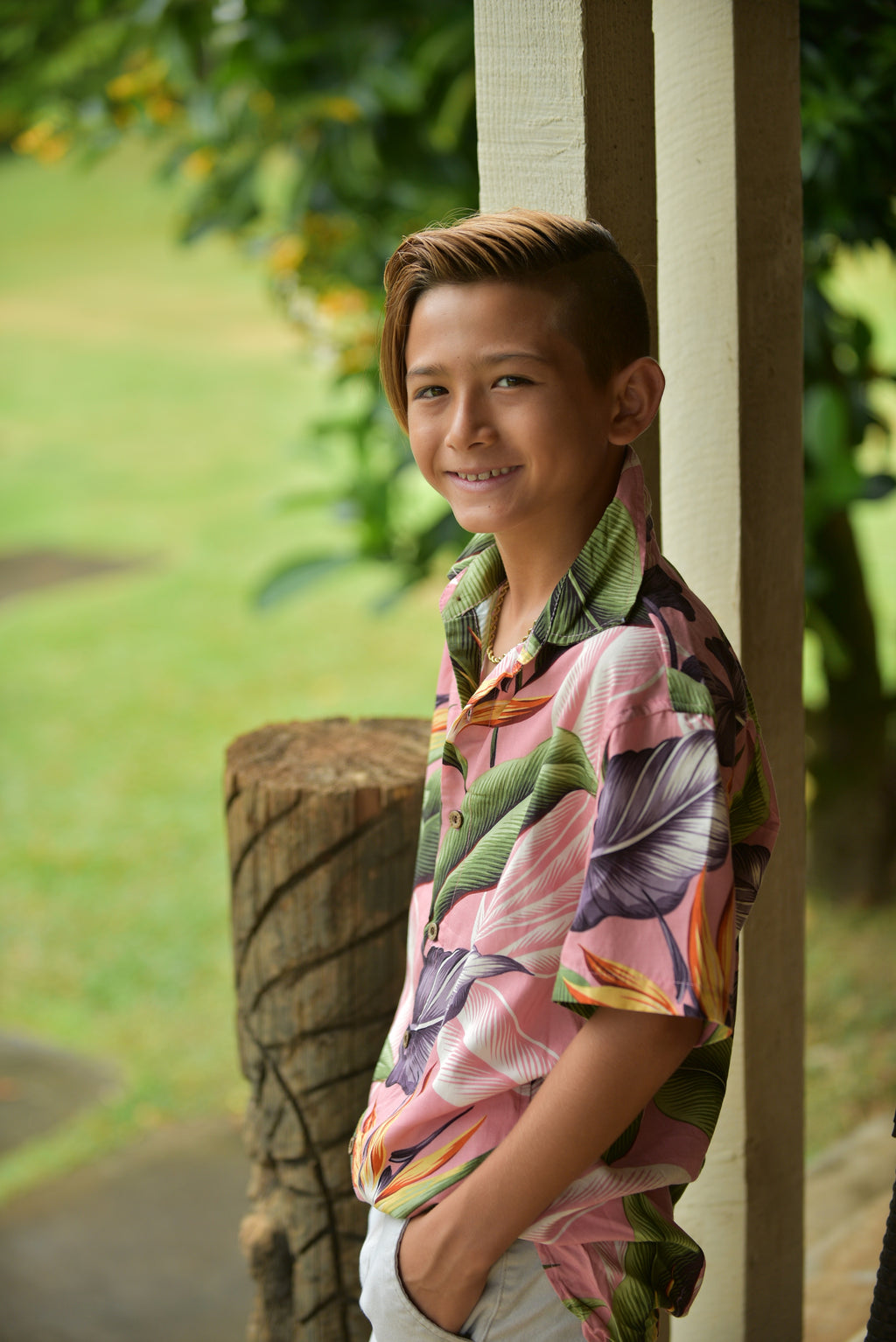 boys, kids, hawaiian shirt, birds of paradise, mauve, short sleeve, slim fit, gender neutral, Coradorables, modern aloha, aloha wear, resort wear, family matching, hapa boy, model, baseball player