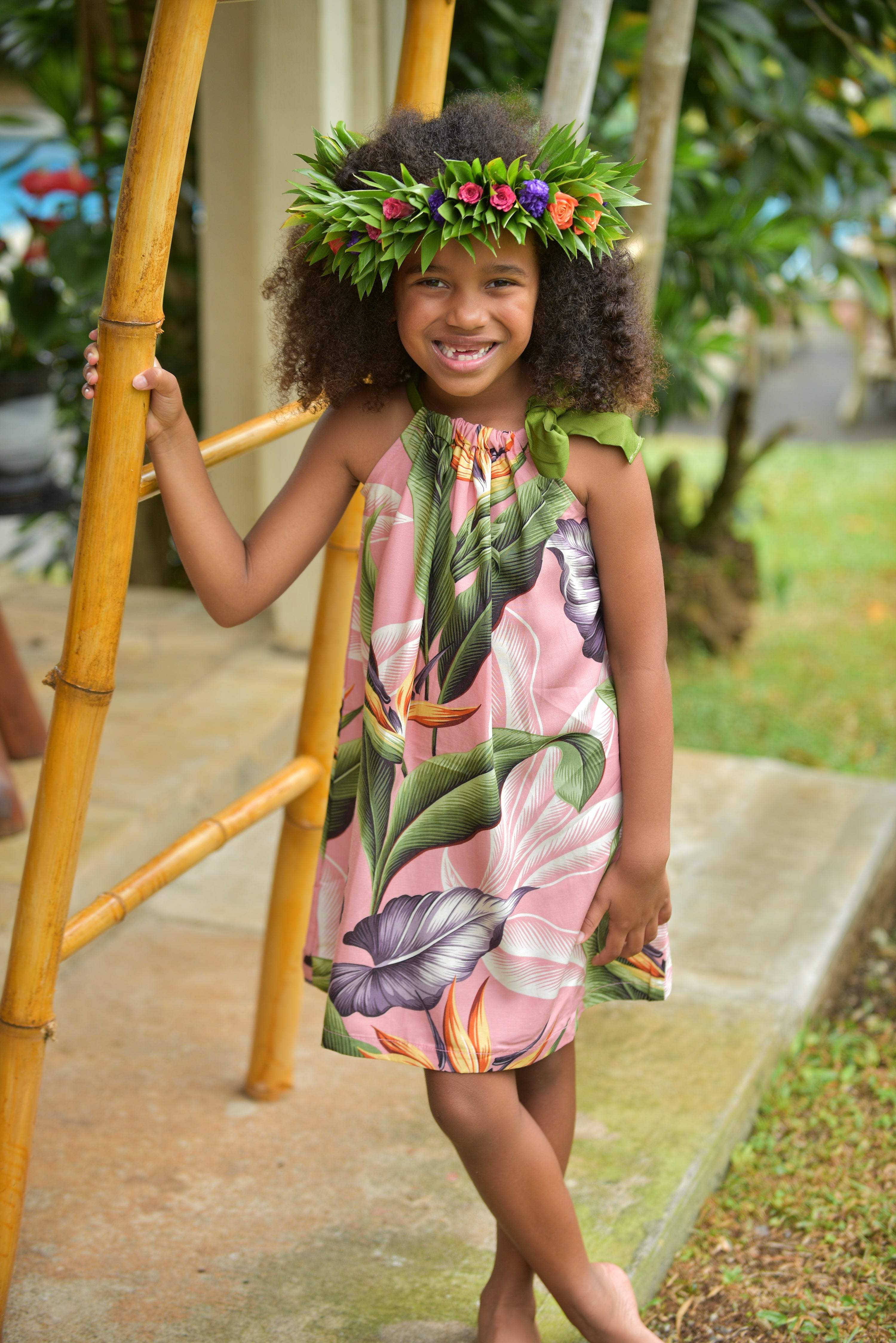 Girls, hawaiian, ribbon dress, ties at sleeve, birds of paradise, mauve, Coradorables, modern aloha, aloha wear, resort wear, family matching