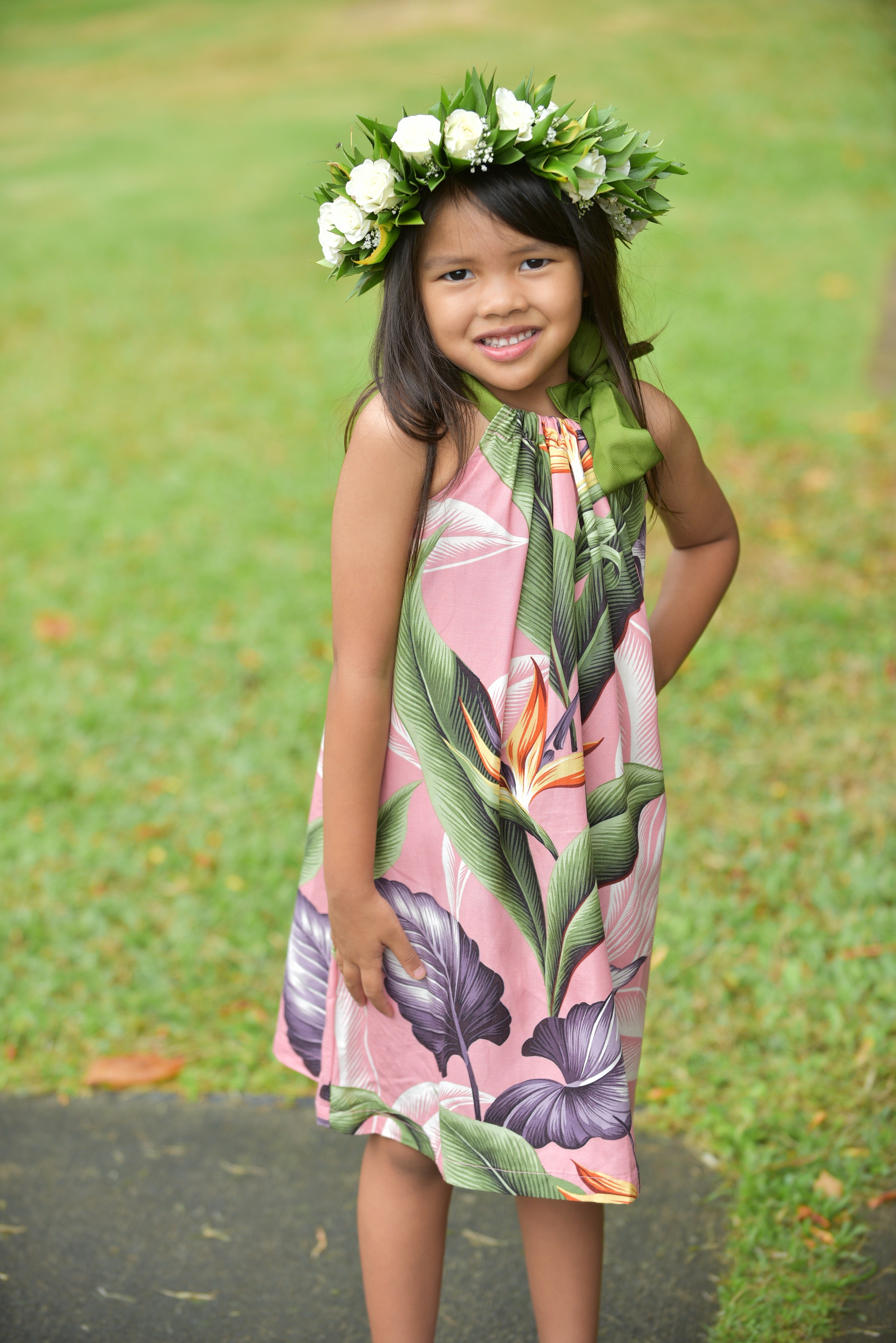 Girls, hawaiian, ribbon dress, ties at sleeve, birds of paradise, mauve, Coradorables, modern aloha, aloha wear, resort wear, family matching