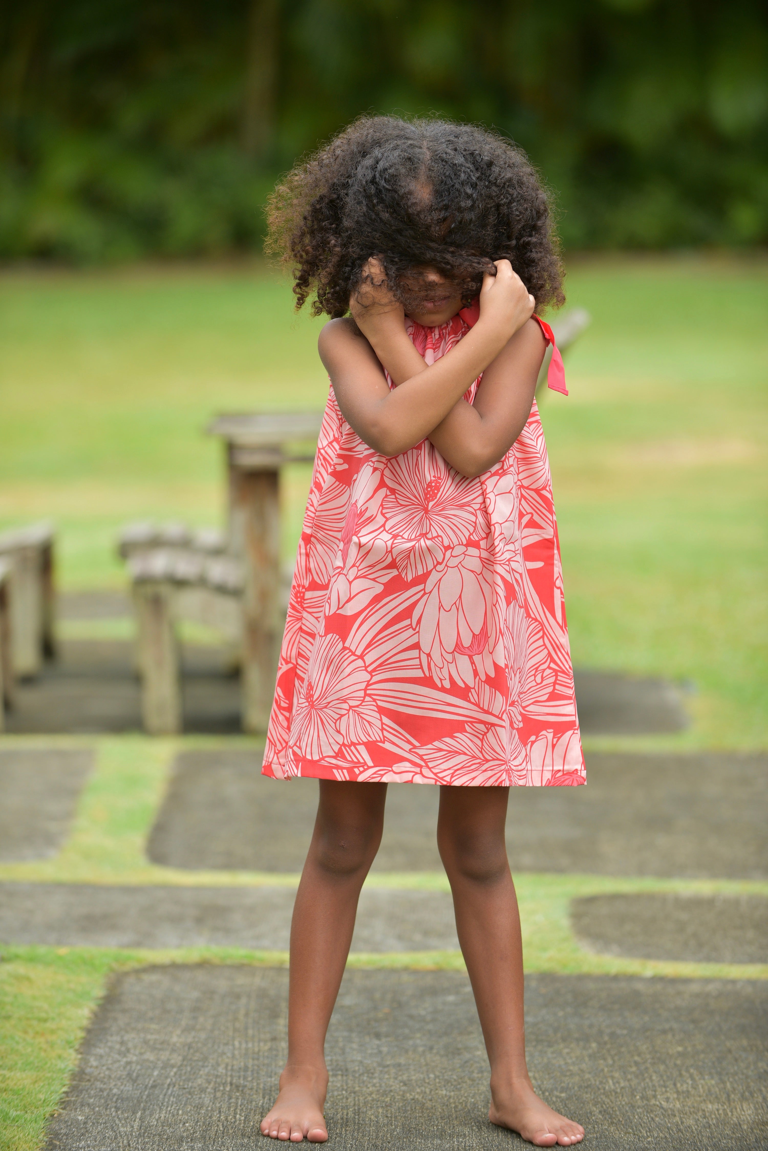 Girls, hawaiian, ribbon dress, protea. watermelon ,ties at shoulder, Coradorables, modern aloha, aloha wear, resort wear, family matching