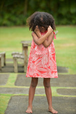 Girls, hawaiian, ribbon dress, protea. watermelon ,ties at shoulder, Coradorables, modern aloha, aloha wear, resort wear, family matching
