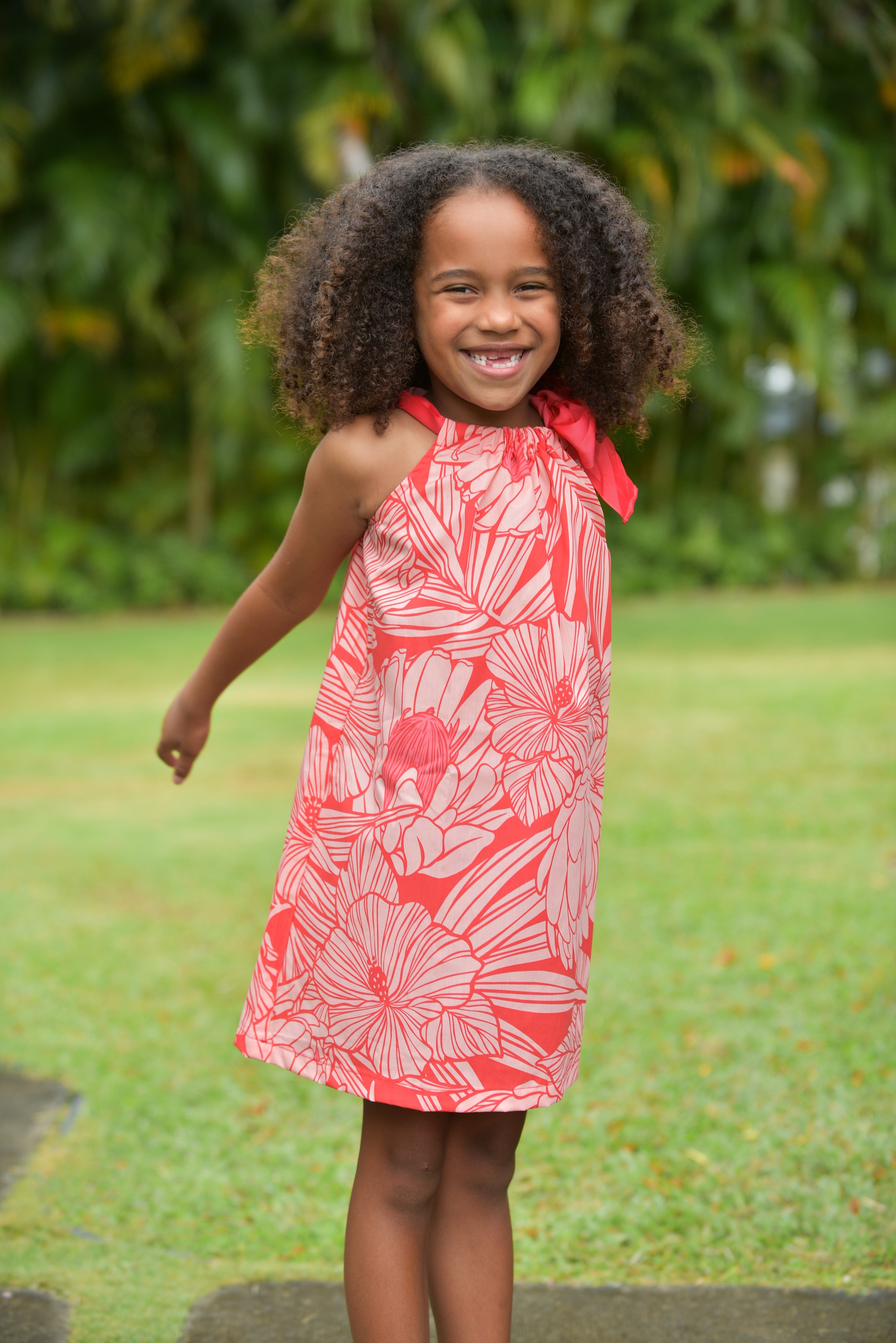 Girls, hawaiian, ribbon dress, protea. watermelon ,ties at shoulder, Coradorables, modern aloha, aloha wear, resort wear, family matching