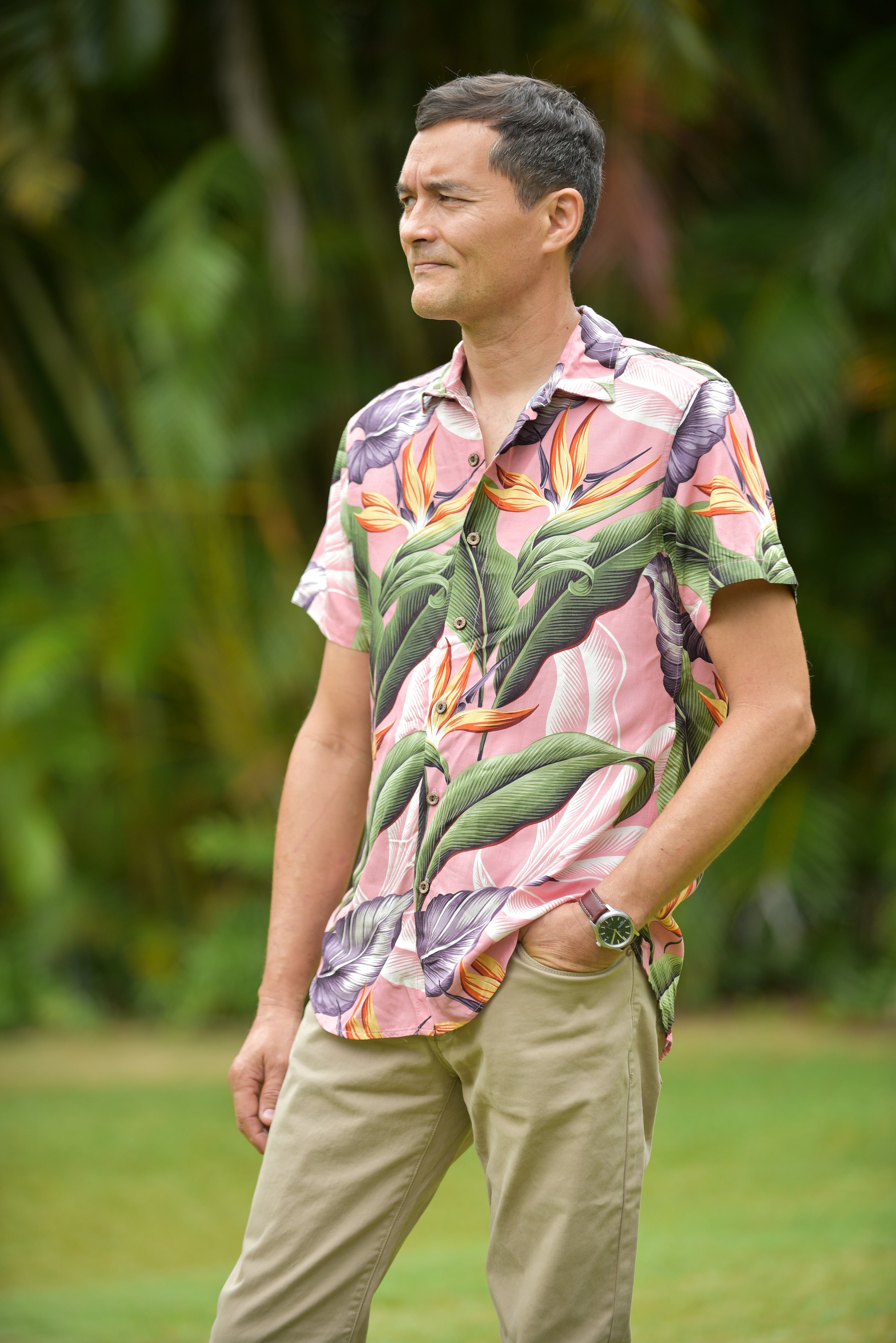 mens, hawaiian shirt, birds of paradise, mauve, short sleeve, slim fit, Coradorables, modern aloha, aloha wear, resort wear, family matching, robotics, teacher, father