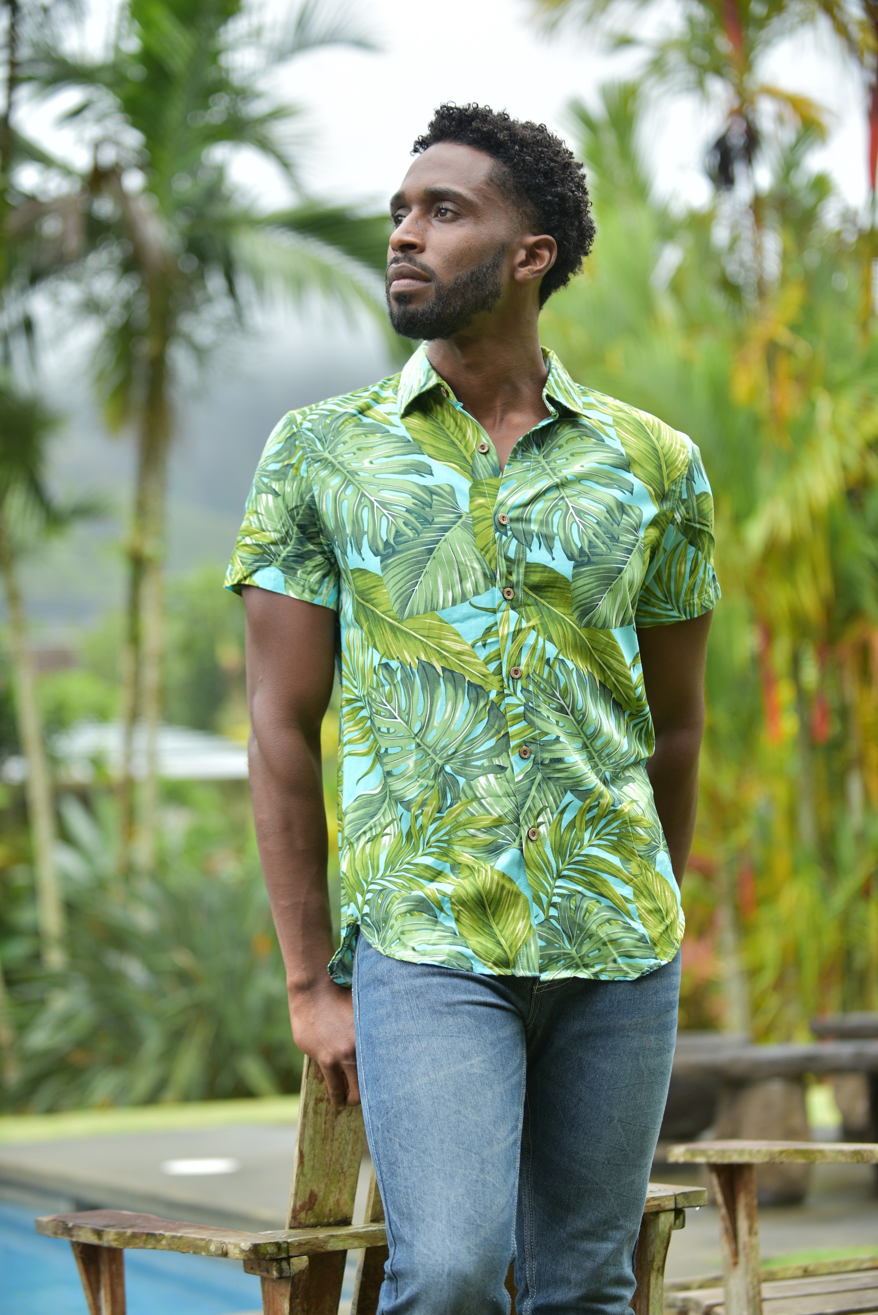 mens, hawaiian shirt, monstera, turquoise ,  green, rayon, fitted, Coradorables, aloha wear, resort wear, family matching