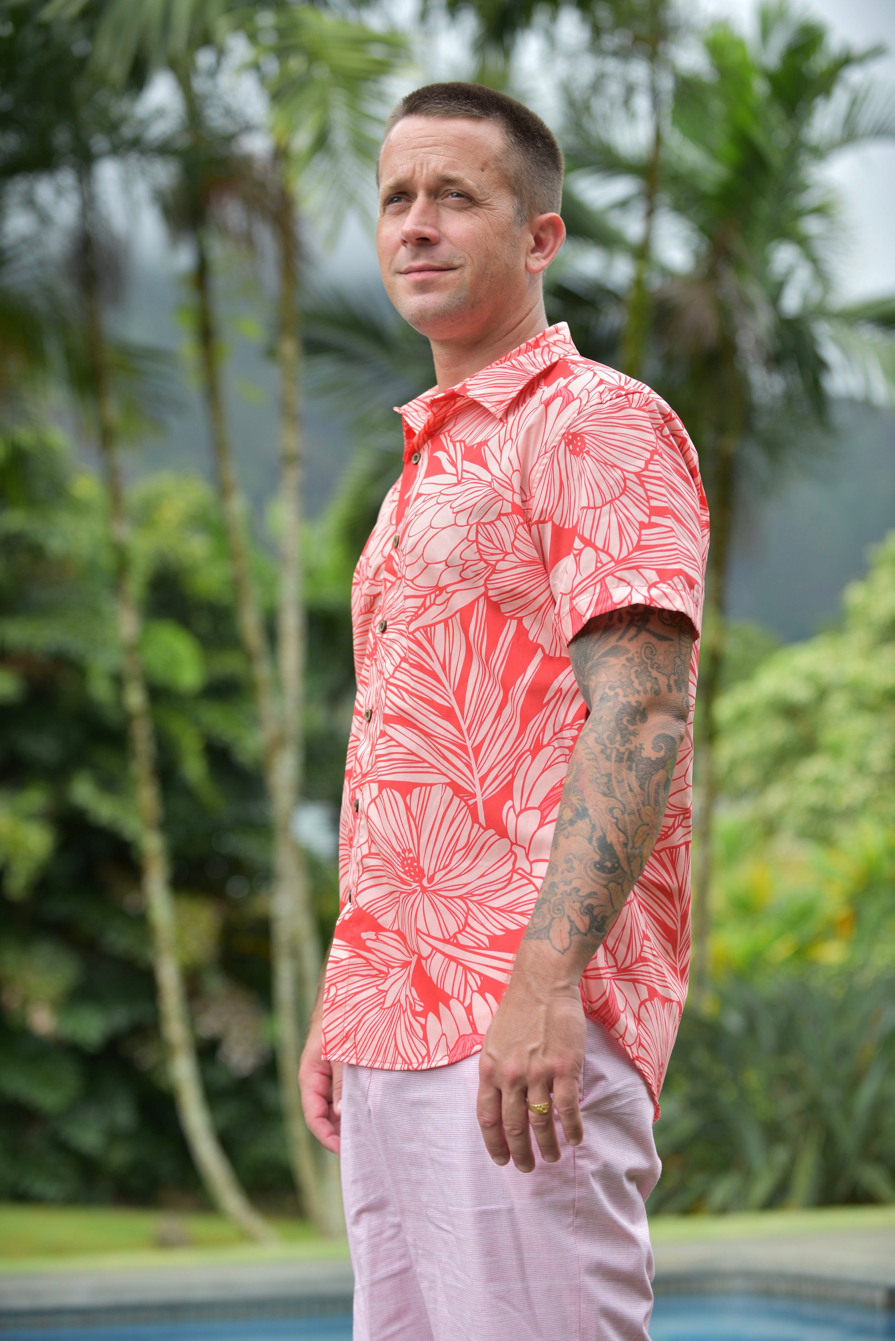 mens, hawaiian, shirt , protea, watermelon , slim fit, Coradorables, modern aloha, aloha wear, resort wear, family matching