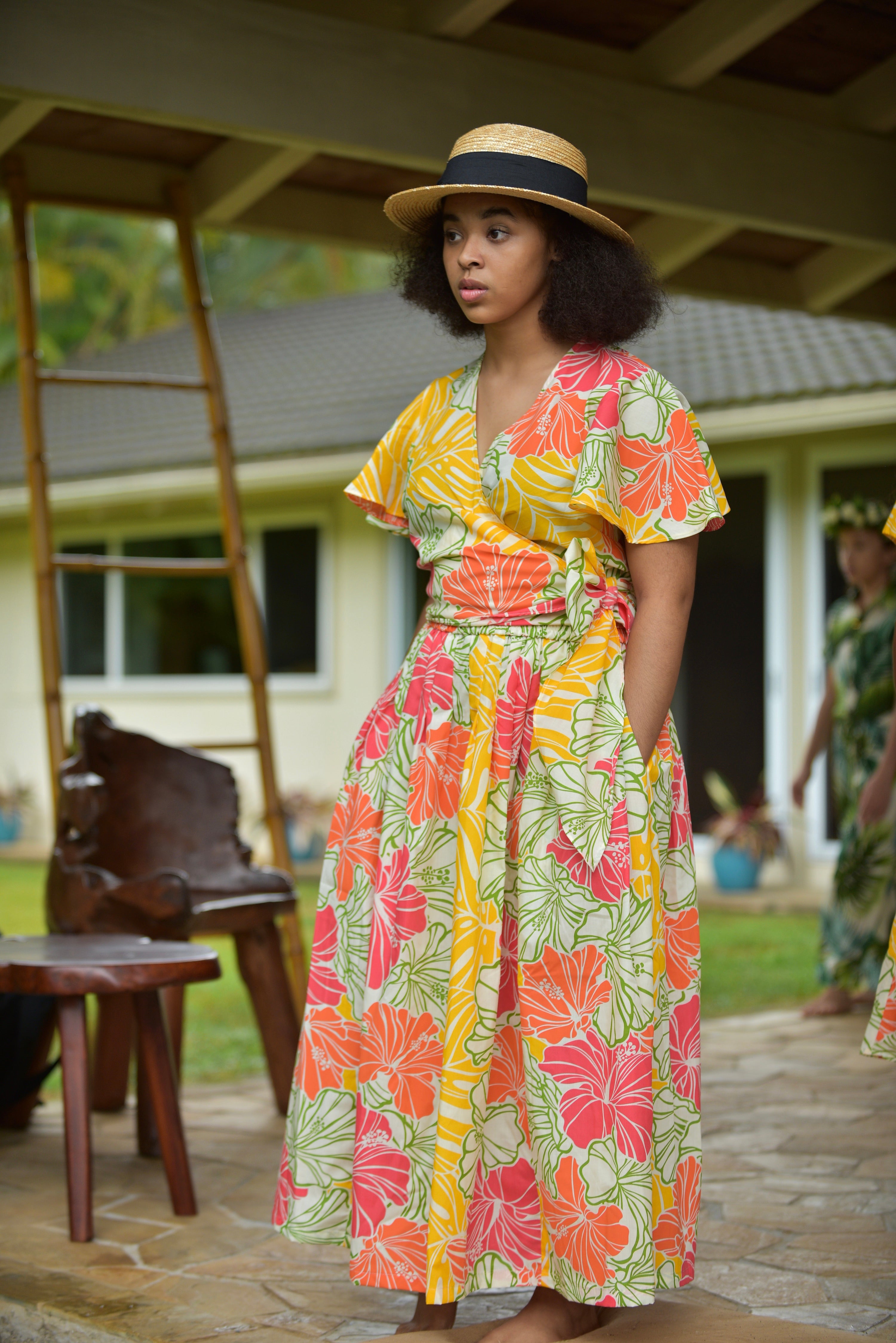 Womans, hawaiian, print, maxi skirt, groovy, hibiscus, yellow, orange, Coradorables, modern aloha, aloha wear, resort wear, family matching