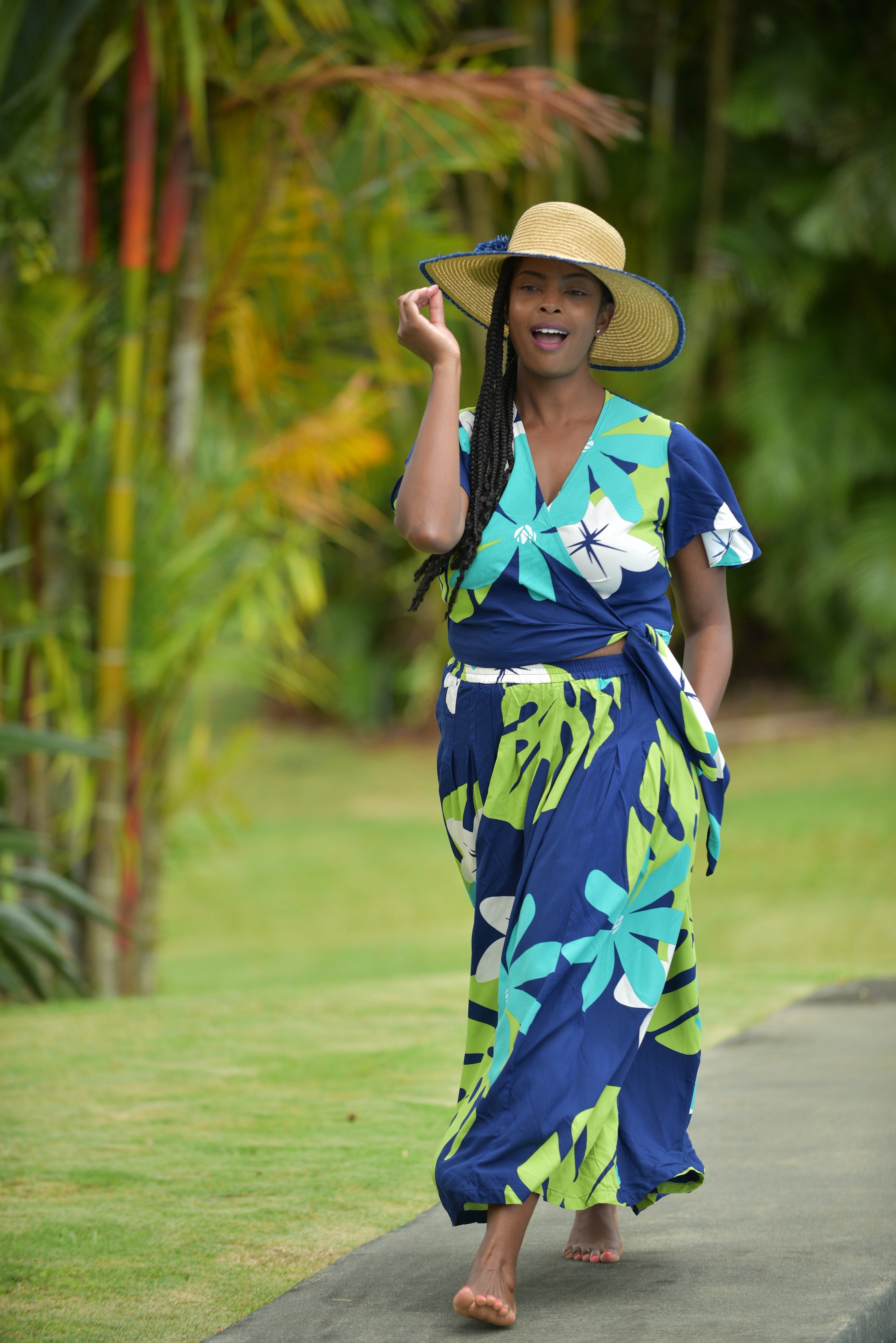 womans , hawaiian,maxi skirt, pleated, mod aloha navy, plumeria, monstera, Coradorables, modern aloha, aloha wear, resort wear, family matching, wrap top, pairing, US Veteran, model