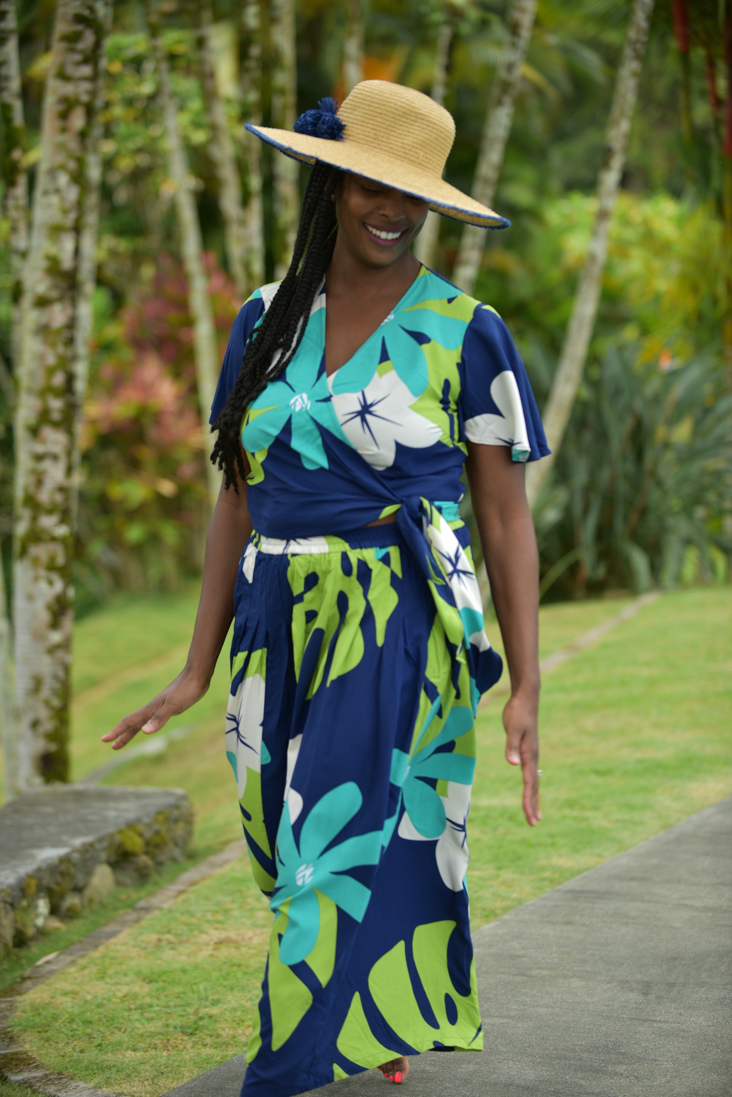 womans , hawaiian,wrap top, flutter sleeve, mod aloha navy, plumeria, monstera, Coradorables, modern aloha, aloha wear, resort wear, family matching, maxi skirt, pairing, US Veteran, model