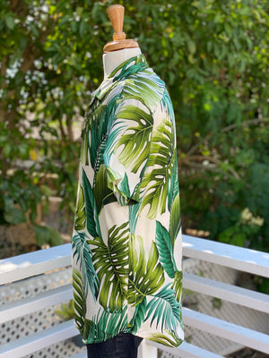 mens, hawaiian shirt, monstera, ivory,  green, rayon, fitted, Coradorables, aloha wear, resort wear, family matching