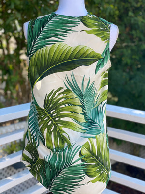 womans, hawaiian, asymmetrical, blouse, sleeveless, v-neck,, monstera, ivory, green, rayon, Coradorables, modern aloha, aloha wear, resort wear, family matching