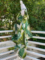 womans, hawaiian, handkerchief, dress, v-neck, flowing, monstera,, ivory, green, rayon, Coradorables, modern aloha, aloha wear, resort wear, family matching,