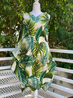 womans, hawaiian, handkerchief, dress, v-neck, flowing, monstera,, ivory, green, rayon, Coradorables, modern aloha, aloha wear, resort wear, family matching,