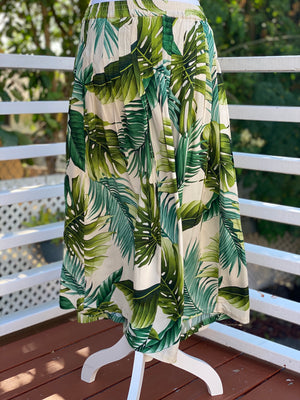 womens,  maxi skirt,  pleated,  hawaiian,  tropical print,  monstera, ivory,  green,  Coradorables,  aloha wear resort wear, hula, family matching