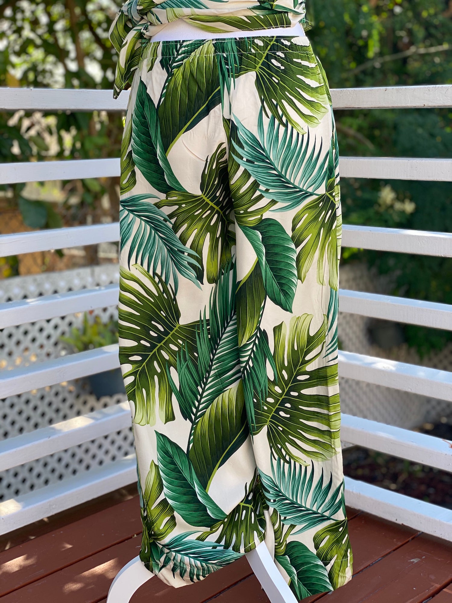 womans, hawaiian, wide legged, pant, draw string, monstera, ivory, green, rayon, Coradorables, modern aloha, aloha wear, resort wear, family matching