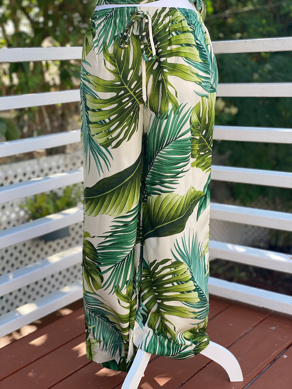 womans, hawaiian, wide legged, pant, draw string, monstera, ivory, green, rayon, Coradorables, modern aloha, aloha wear, resort wear, family matching