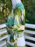 womans, hawaiian, wrap top, flutter sleeve, monstera, ivory,  green, rayon, Coradorables, modern aloha, aloha wear, resort wear, family matching