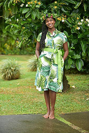 womens, hawaiian, shirt dress, fitted, monstera ivory, green, gross grain belt, Coradorables, modern aloha, aloha wear, resort wear, family matching