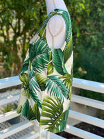 womans, hawaiian, asymmetrical, blouse, sleeveless, v-neck,, monstera, ivory, green, rayon, Coradorables, modern aloha, aloha wear, resort wear, family matching