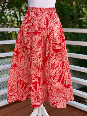 womans, hawaiian, print, maxi skirt, protea, watermelon , Coradorables, modern aloha, aloha wear, resort wear, family matching