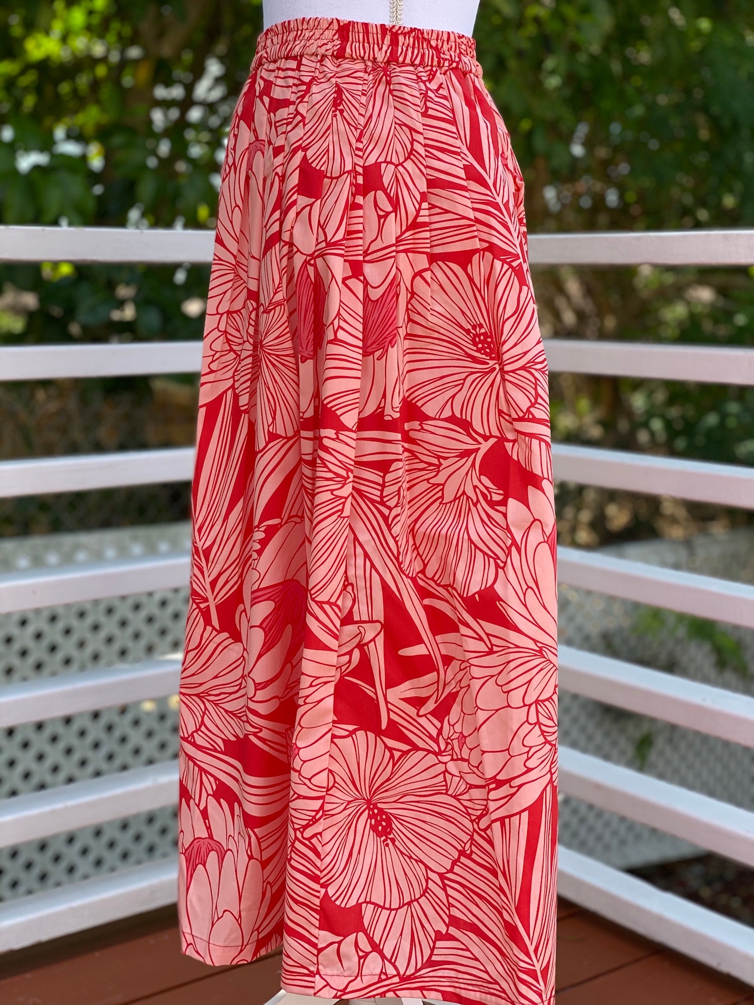 womans, hawaiian, print, maxi skirt, protea, watermelon , Coradorables, modern aloha, aloha wear, resort wear, family matching