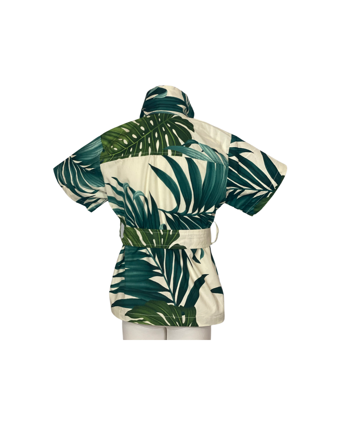 girls,  cinch waist top, fabric belted, monstera, green, white, cotton, tropical, Coradorables, resort wear, aloha wear, family matching