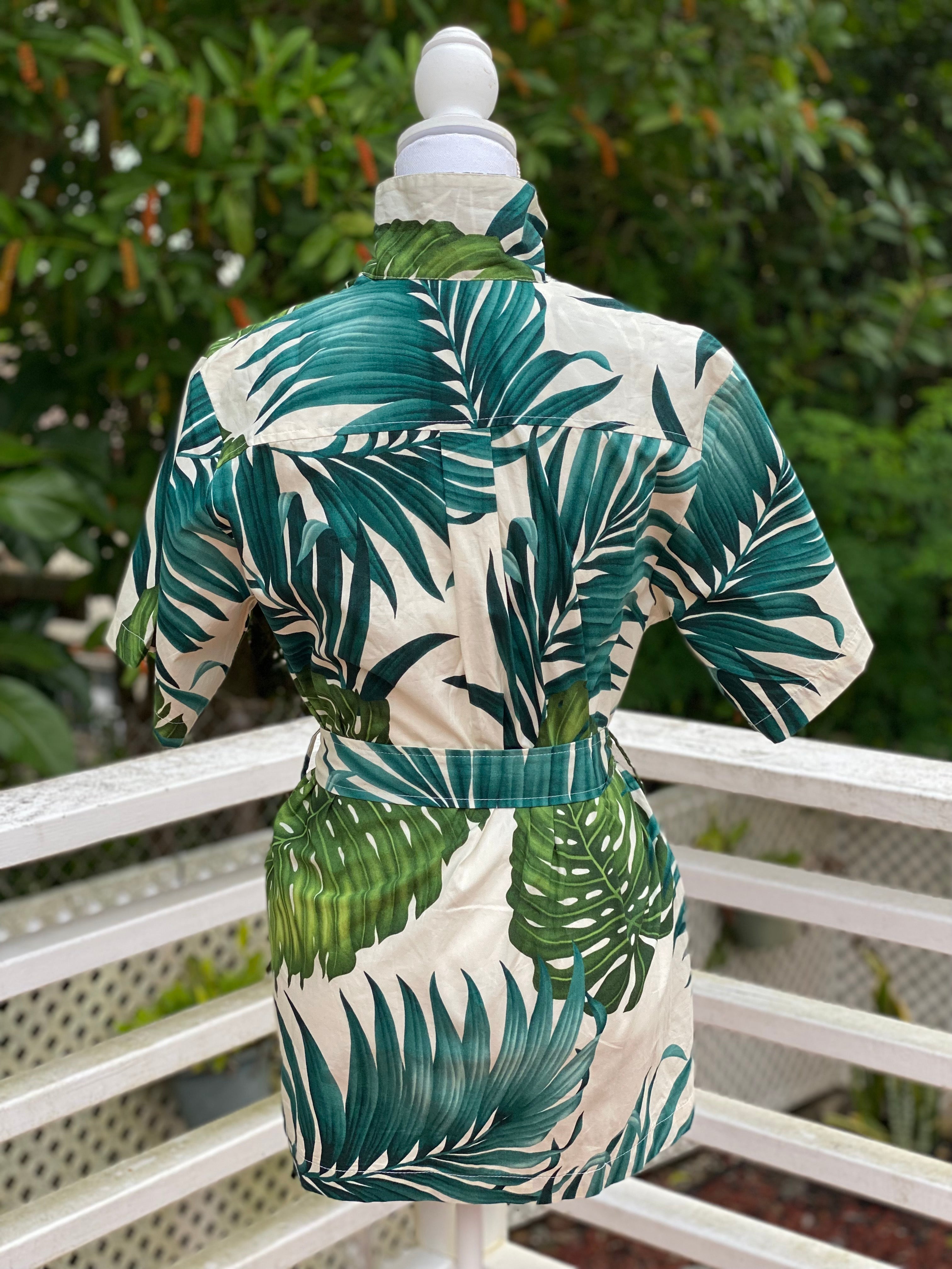 womens, cinch waist top, fabric belted, hawaiian print, monstera, green, white,  aloha wear, resort wear, family matching