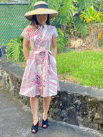 womens cotton hawaiian shirt dress, red, tribal, geotribal, flared skirt, slim fit, size up recommended, short sleeves, Coradorables, aloha shirt, aloha wear, resort wear, family matching