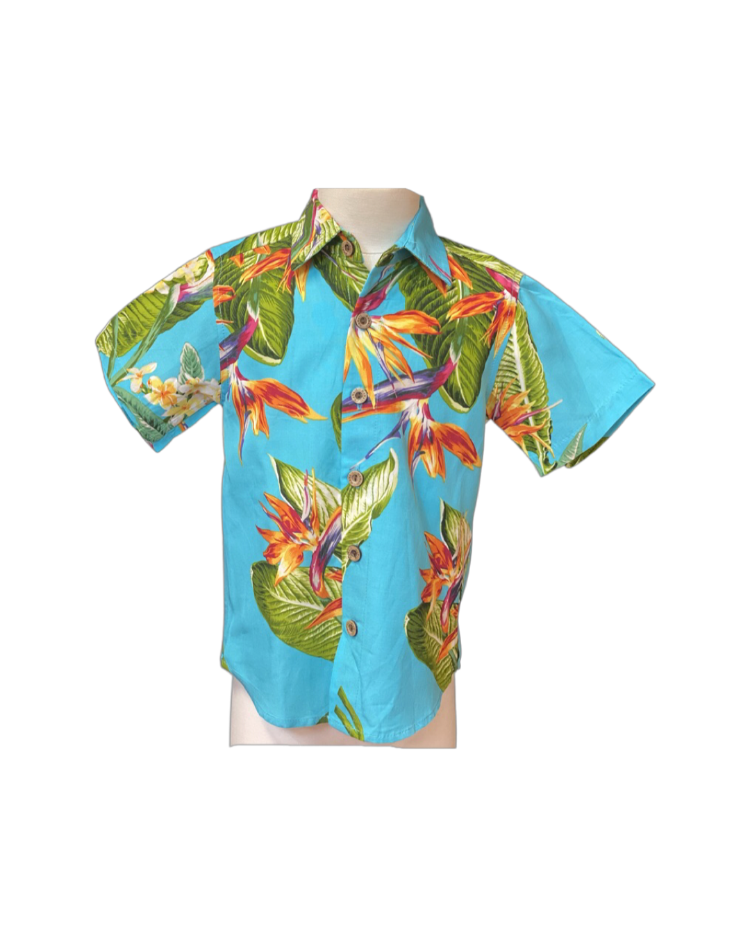 boys hawaiian shirt, birds of paradise, turquoise, poly cotton, slim cut fit, size up recommended, aloha shirt, unisex, Coradorables, aloha wear, resort wear, family matching  