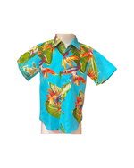 boys hawaiian shirt, birds of paradise, turquoise, poly cotton, slim cut fit, size up recommended, aloha shirt, unisex, Coradorables, aloha wear, resort wear, family matching  