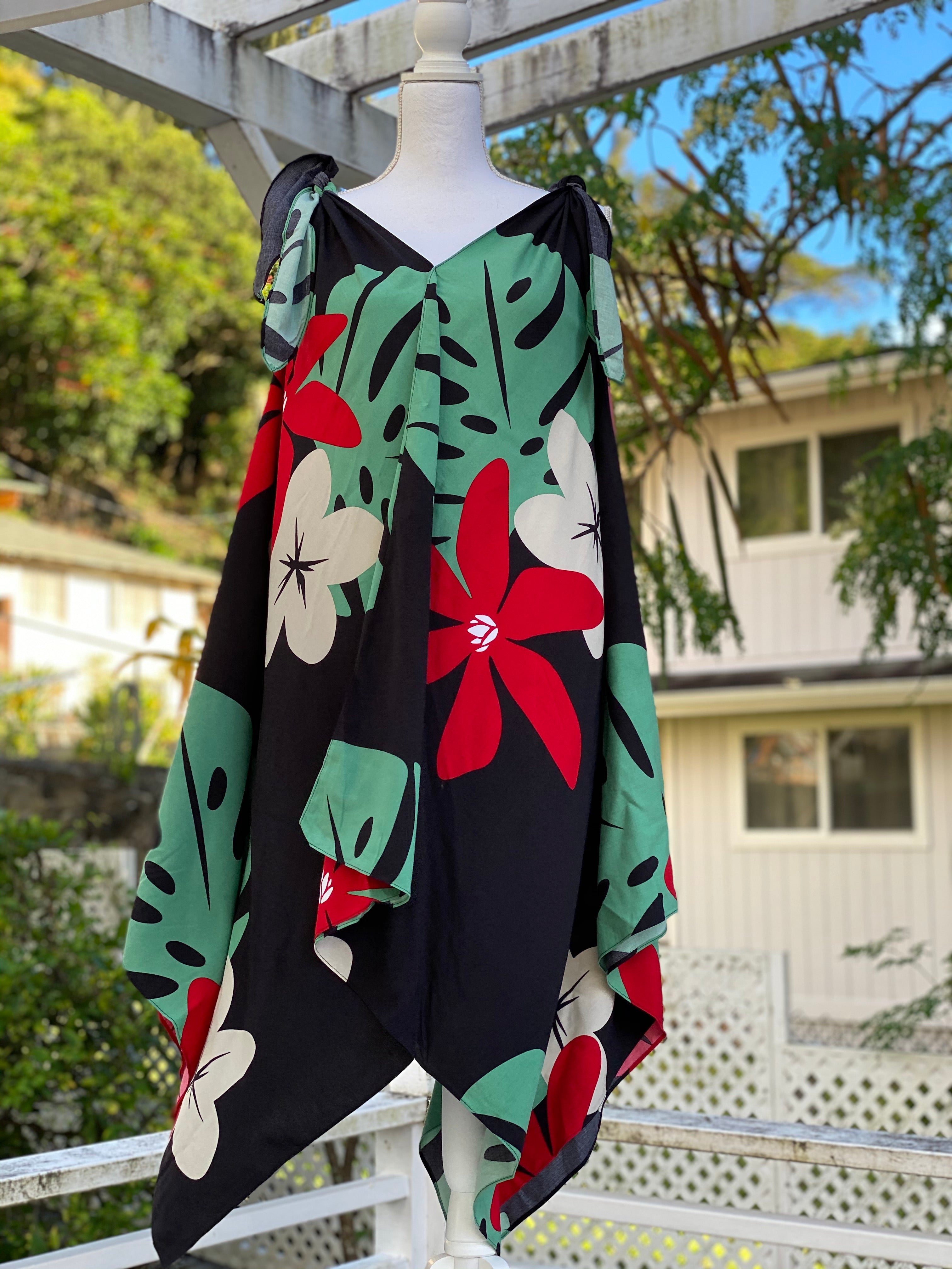 woman’s, hawaiian, handkerchief, dress, v-neck, flowing, mod aloha black, plumeria, monstera, Coradorables, modern aloha, aloha wear, resort wear, family matching 