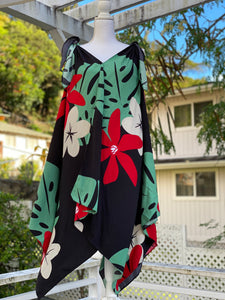 woman’s, hawaiian, handkerchief, dress, v-neck, flowing, mod aloha black, plumeria, monstera, Coradorables, modern aloha, aloha wear, resort wear, family matching 