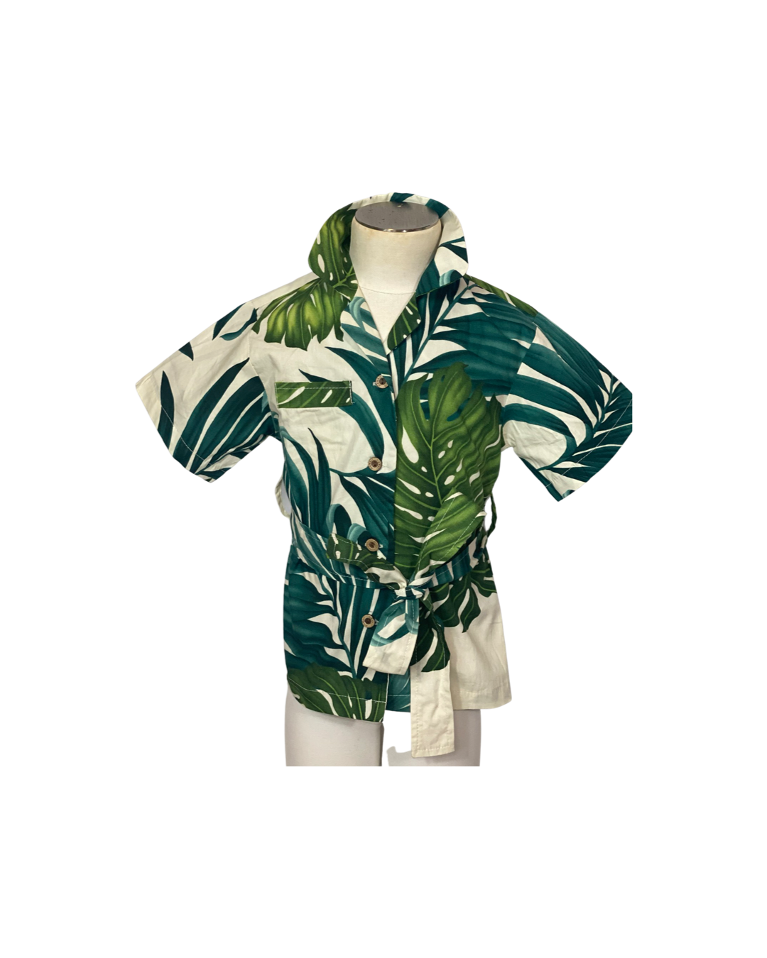 girls,  cinch waist top, fabric belted, monstera, green, white, cotton, tropical, Coradorables, resort wear, aloha wear, family matching