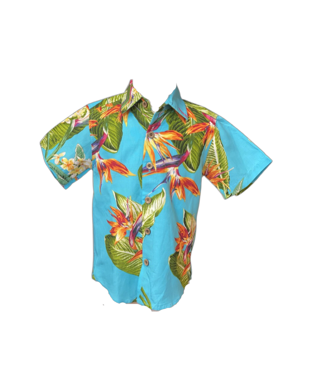 boys hawaiian shirt, birds of paradise, turquoise, poly cotton, slim cut fit, size up recommended, aloha shirt, unisex, Coradorables, aloha wear, resort wear, family matching  