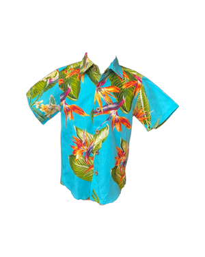 boys hawaiian shirt, birds of paradise, turquoise, poly cotton, slim cut fit, size up recommended, aloha shirt, unisex, Coradorables, aloha wear, resort wear, family matching  