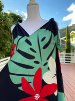 woman’s, hawaiian, handkerchief, dress, v-neck, flowing, mod aloha black, plumeria, monstera, Coradorables, modern aloha, aloha wear, resort wear, family matching 